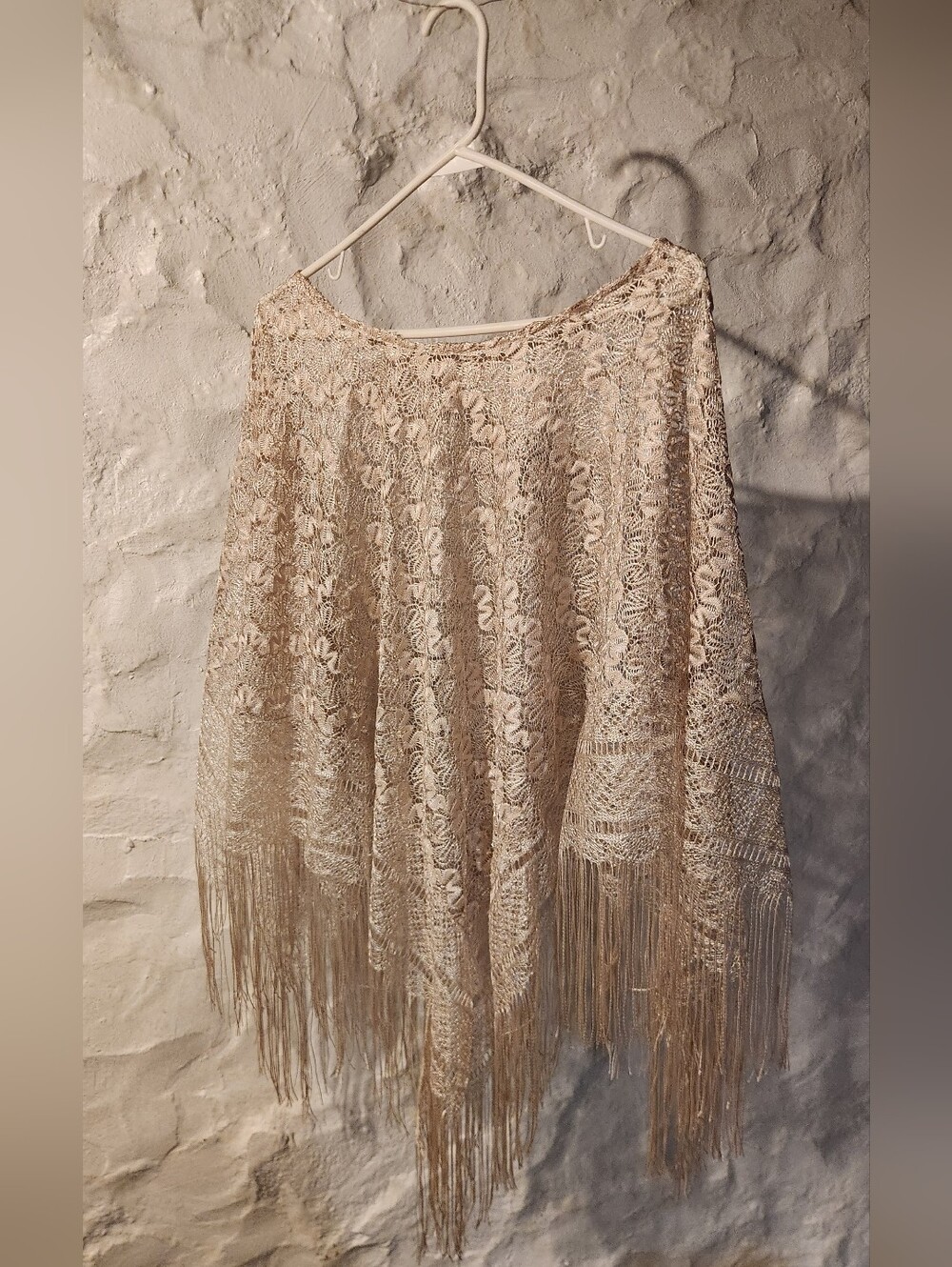 Boho Sheer Floral Lace Fringe Poncho Top Shrug Shawl Bridal Cover Up Beige Cream
